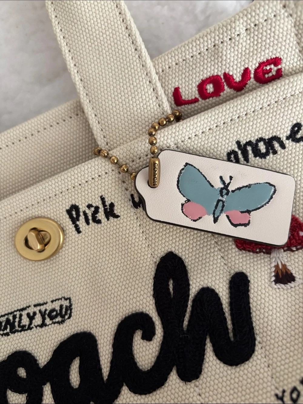 Coach New York Beige Canvas Patch Satchel with Colorful Embroidered Motifs